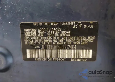 2008 Subaru Impreza 2.5I из США, поврежденный, VIN JF1GH61638H832464